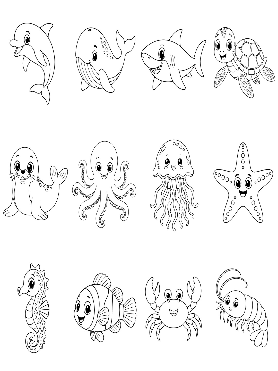 海洋动物简笔画勾线涂色版预览